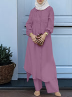 New Arabian 2pcs Abaya Set - Women'S Elegant Multi-Button Solid Color Long Sleeve Wide-Leg Trousers Without for Ramadan Spring Autumn Daily Commute - Fuchsia