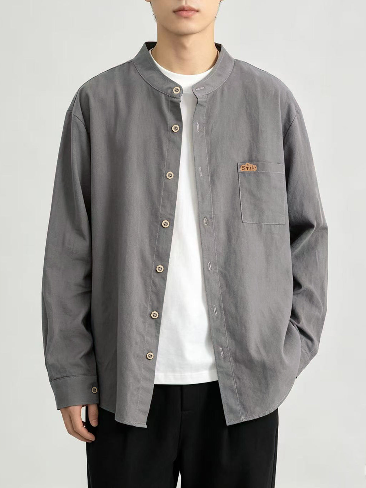 Spring/Autumn Thin Fashion Trendy Men'S New Chinese Old Money Style Niche Design Sense Patchwork Pattern Stand Collar Long Sleeve Shirt - Grey