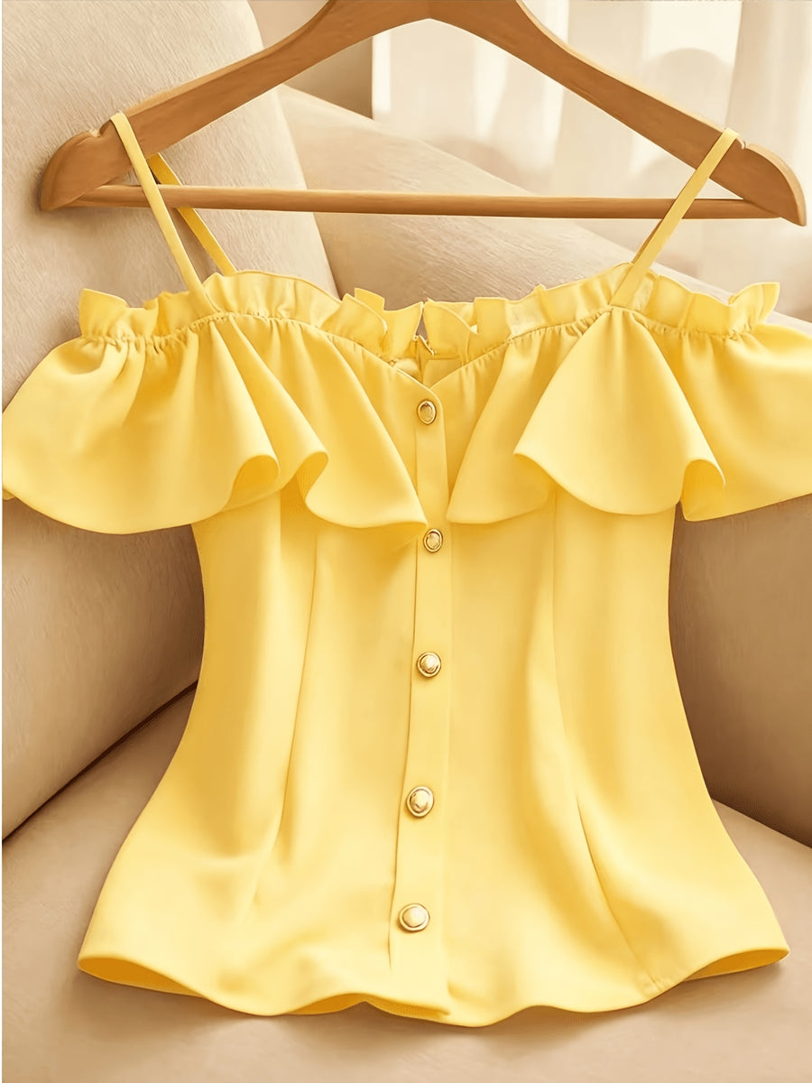 Women's Summer Casual Solid Color Off-Shoulder Ruffle Camisole Tank Top - Yellow