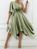 Elegant Off-Shoulder Asymmetrical Dress with Ruffle Sleeve Fitted Bodice & Flowy - Single Shoulder Wedding Guest Gown, Prom Dress, Special Occasion Outfit, Machine Washable Spring Summer Solid Color - Matcha Color
