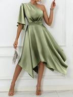 Elegant Off-Shoulder Asymmetrical Dress with Ruffle Sleeve Fitted Bodice & Flowy - Single Shoulder Wedding Guest Gown, Prom Dress, Special Occasion Outfit, Machine Washable Spring Summer Solid Color - Matcha Color