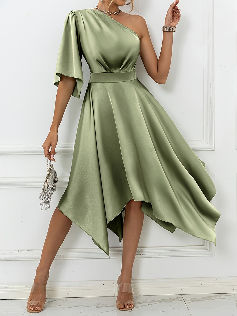 Elegant Off-Shoulder Asymmetrical Dress with Ruffle Sleeve Fitted Bodice & Flowy - Single Shoulder Wedding Guest Gown, Prom Dress, Special Occasion Outfit, Machine Washable Spring Summer Solid Color - Matcha Color