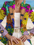 A Stylish and Refined Women's Autumn Jacket—a Slim-fit, Long-sleeved Blazer Featuring a Botanical Print That Evokes the Vibe of an Island Getaway. It Boasts a Harmonious Color Palette and a Style That Is Both Simple and Elegant - Multicolor