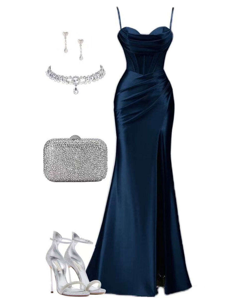 Women's Solid Color Satin Slip Dress with High Slit, Back Tie Waist, Cinched Fit, Pleated Details, and Hip-Hugging Design, Elegant for New Year's, Valentine's Day, Parties, Graduations, Weddings, and Bridesmaid Attire - Navy Color