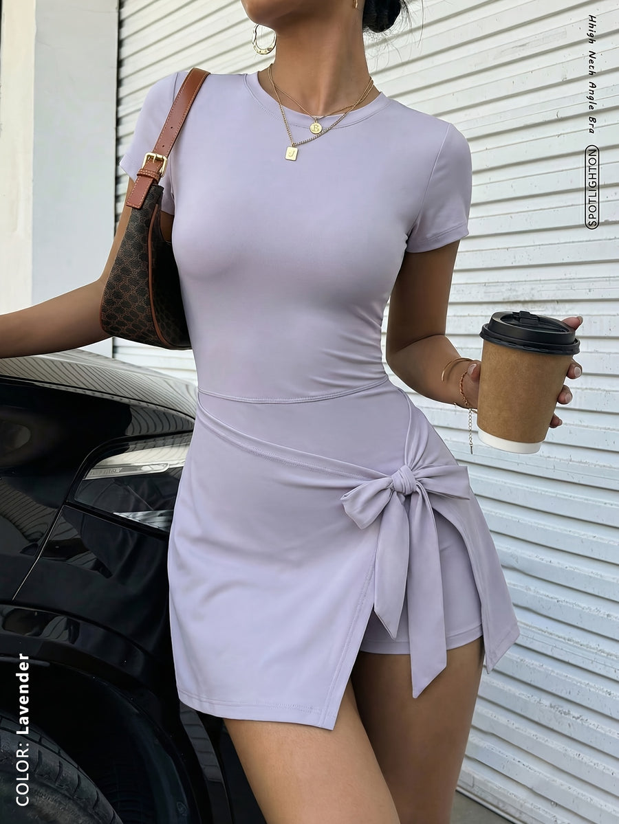 Women's Fashion Outdoor Yoga Running Pilates Commuting Dating Beach Daily Essential Stretchy Sexy Comfortable Casual Short-Sleeve Backless Navel-Control Butt-Lifting Shaping Skin-Beautifying Waist-Defining Youthful Vitality Fitness Dress - Lavender