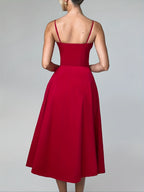 Elegant Red Satin Slip Dress with Drawstring And Bow Tie, Featuring a Front Tie And Slit, Perfect for Parties, Weddings, And Bridesmaid Attire - Red