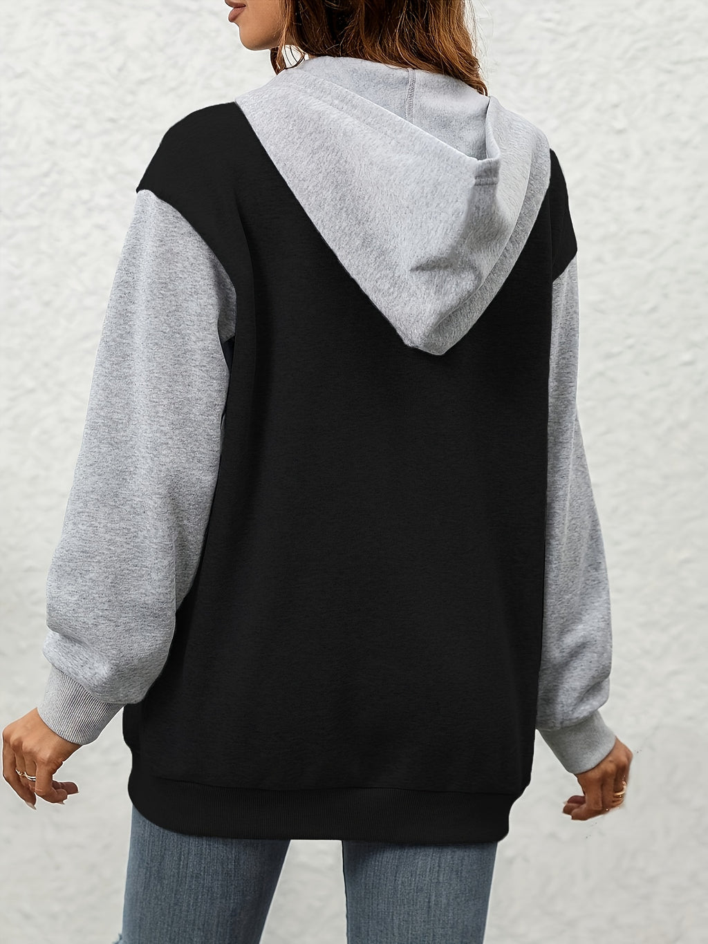 European and American Women's Contrast Color Zip-Up Hooded Sweatshirt, Women's Autumn/Winter -Lined Thickened Kangaroo Pocket Fashion Cardigan, Long Sleeve Casual Swear Top, Trendy - Mixed colors