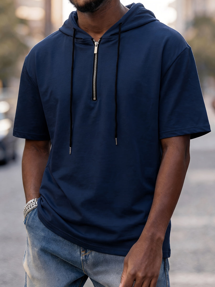 Pearson OBM Men's Casual Fashion Hooded Short Sleeve, Half-zipper Design, Drawstring Design, Soft and Comfortable Fabric, Durable and Practical, High-quality Men's Hoodies, Suitable for Casual Attire and Sports - Navy Color
