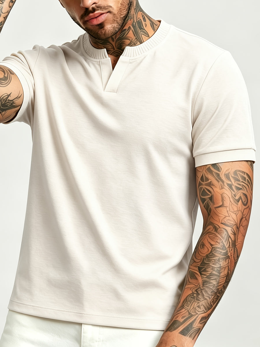 [Pearson OBM] Summer Cool Short Open V-Neck Men'S Henley Shirt, Stretchy Comfortable Solid Base Layer, Breathable And Flat Fit, Practical Men'S Birthday Gift Holiday Item, All-Scene Wear for Fitness, Hiking, Home, And Vacation - Light Beige