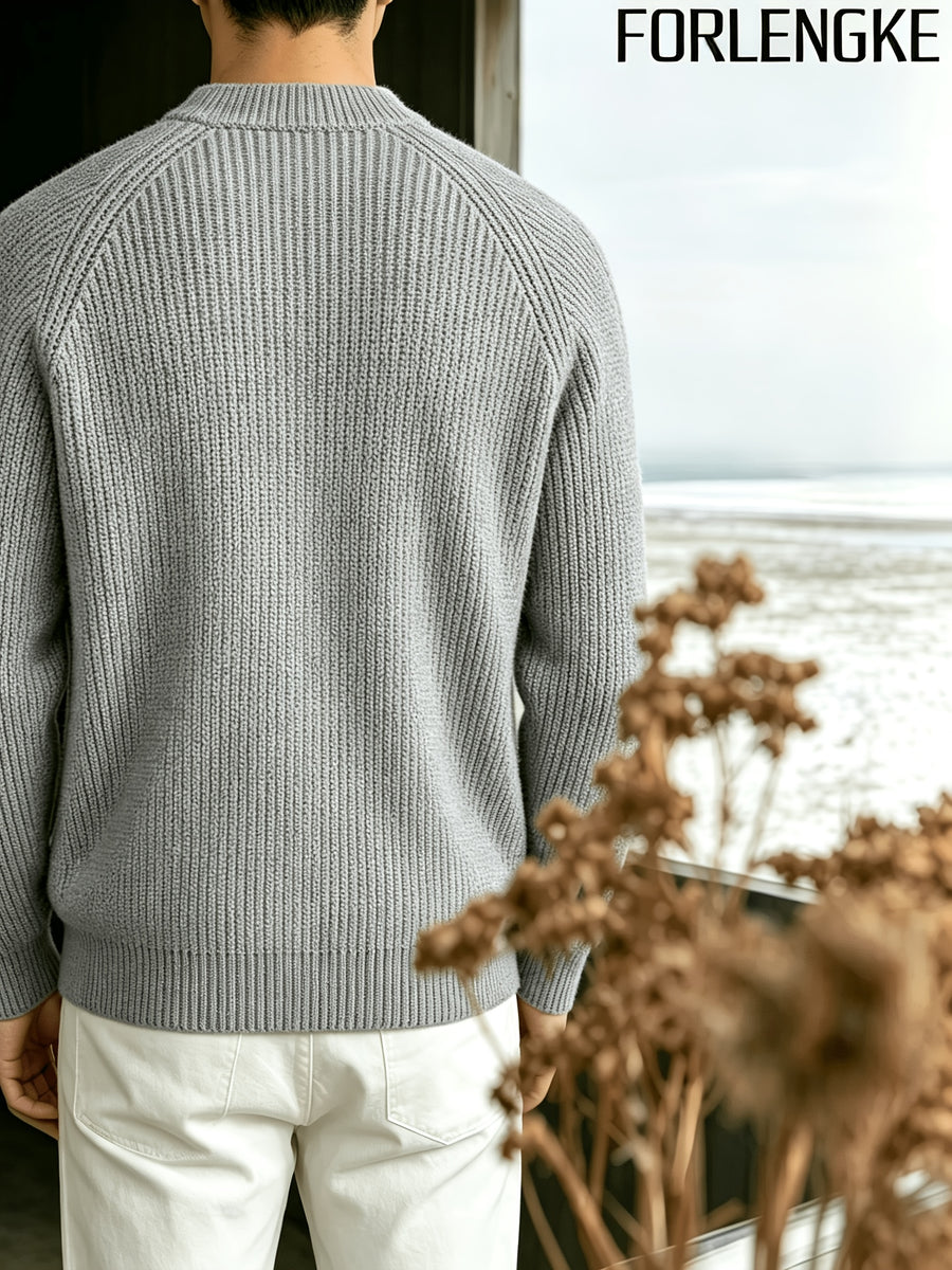 FORLENGKE Men's Business Casual Crew Neck Ribbed Knit Sweater, Soft Warm Long Sleeve Pullover for Fall Winter Office Daily Wear - Grey