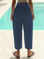 Women'S Casual Solid High-Waist Capri Pants - Comfortable Elastic Waist, Pocketed Perfect for Spring And Fall - Vibrant Blue