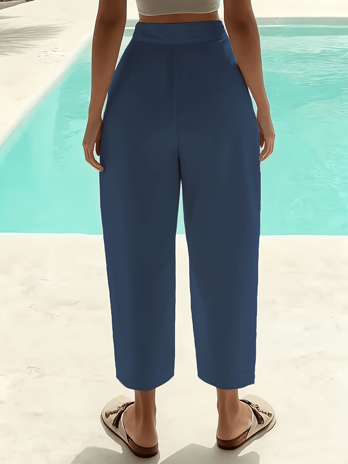 Women'S Casual Solid High-Waist Capri Pants - Comfortable Elastic Waist, Pocketed Perfect for Spring And Fall - Vibrant Blue