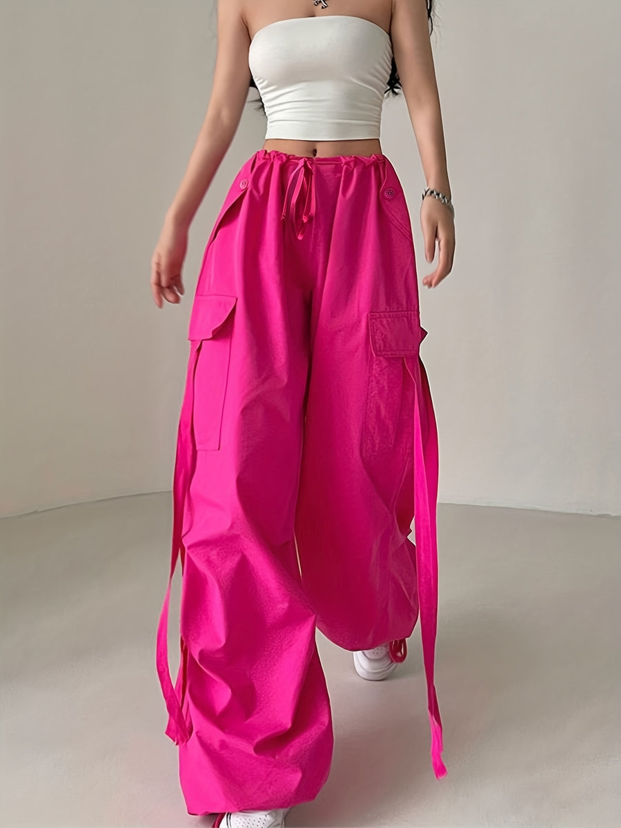 Street Style Loose Fit Drawstring Ankle Scarf Fashion Utility Pants Wide Leg Casual Long Trousers - Rose Red