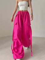 Street Style Loose Fit Drawstring Ankle Scarf Fashion Utility Pants Wide Leg Casual Long Trousers - Rose Red