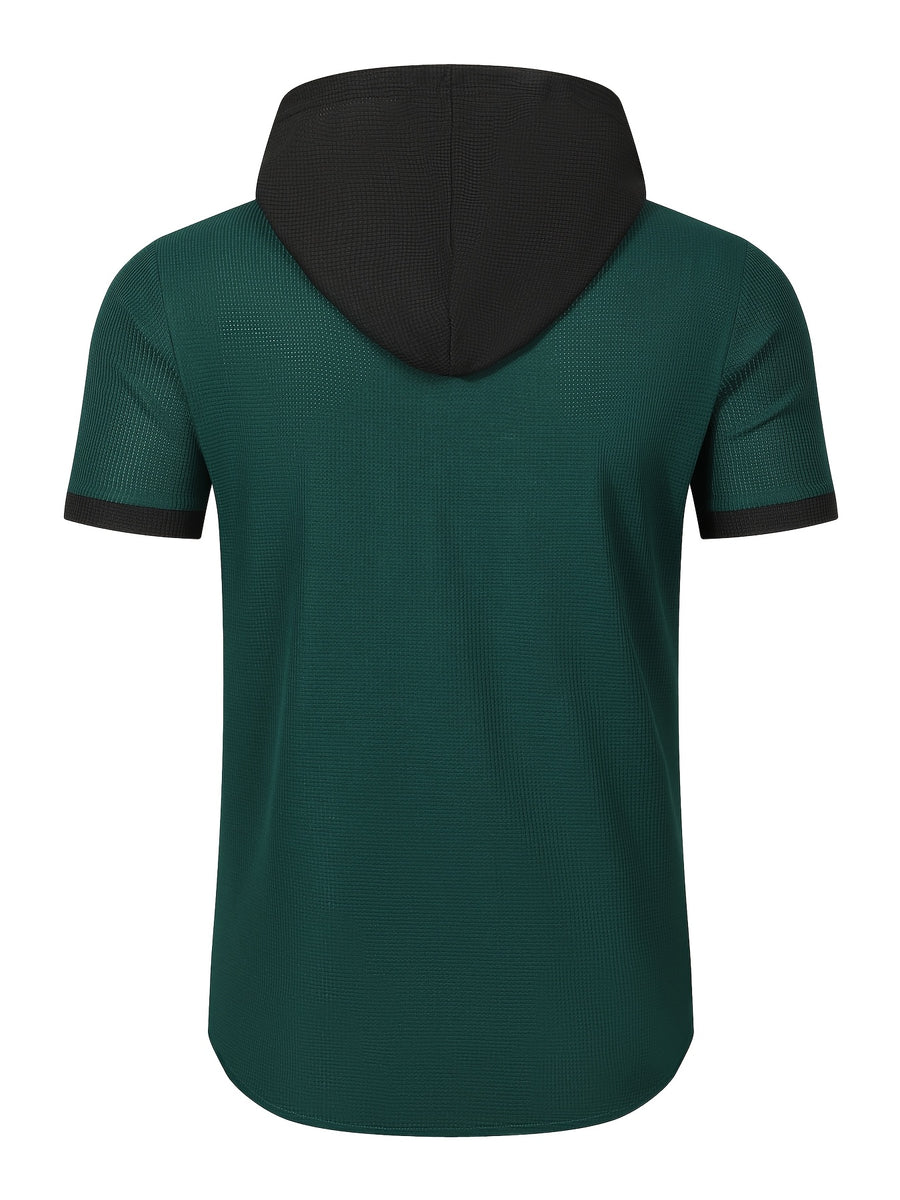 New Summer Shirt with Hooded Men'S Wear, Casual, Loose, Fashionable, Athletic, Home Workout, Camping, Fitness, Beach Shirt, Solid Color, Trendy, Youthful Fashion, Premium, Short Sleeve, Summer Premium Men'S Shirt - Dark Green