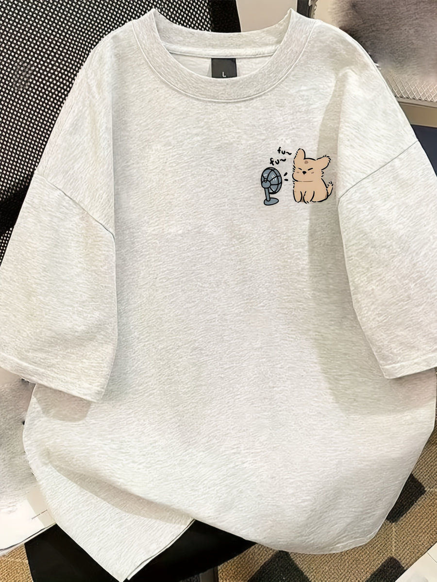 Women's Cute Cat Graphic T-Shirt - Casual Loose Fit Short Sleeve Tee with "Hi! Be Happy" Design, Lightweight & Breathable for Casual Attire, Summer Clothing | Cartoon Print Shirt | Soft Fabric Top, Cat Shirt - Light Grey
