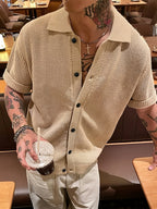 Men'S Knit Cardigan Old Money Style Hollow Short-Sleeve Shirt Men'S Summer New Top Retro Jacket Short Sleeve in Stock - Khaki
