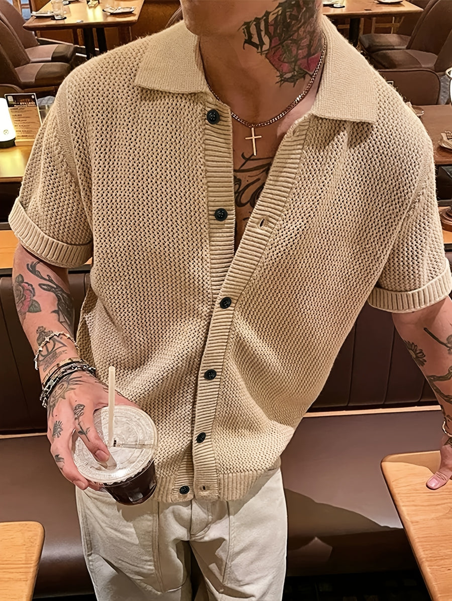 Men'S Knit Cardigan Old Money Style Hollow Short-Sleeve Shirt Men'S Summer New Top Retro Jacket Short Sleeve in Stock - Khaki