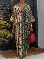 Women'S Zebra Print Contrast V-Neck Long Sleeve Dress - Spring New Loose Casual Vacation Style Maxi Dress - Green