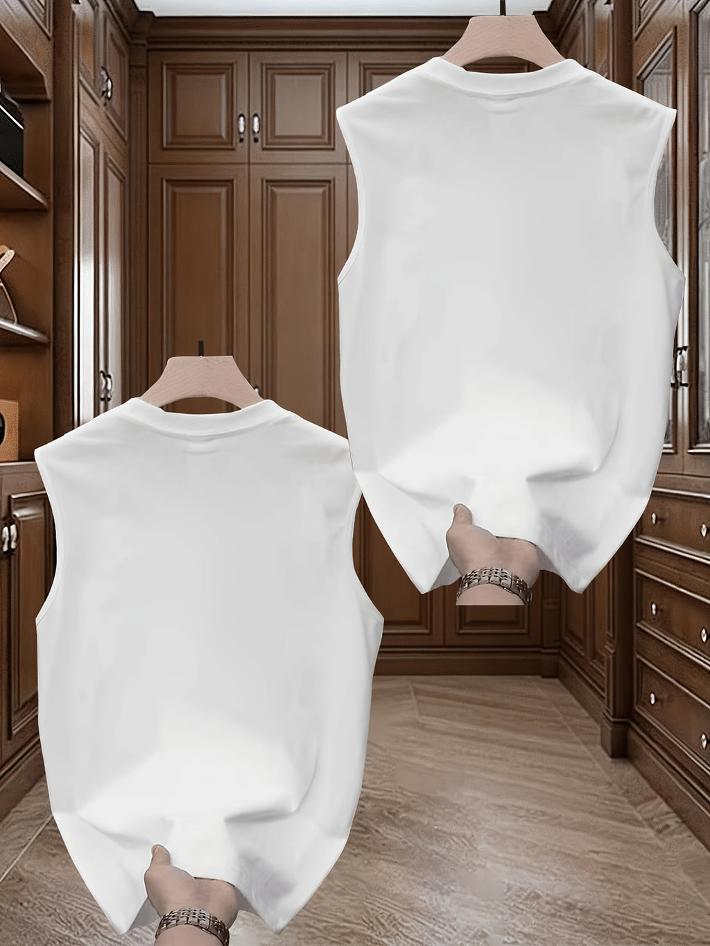 [Set of 2]Heavy-weight, Pure Cotton, Trendy Print, Sleeveless T-shirt for Men. Summer New Style, Casual, Relaxed Fit, Versatile, Can Be Worn as a Vest or Backless Top. - White+White