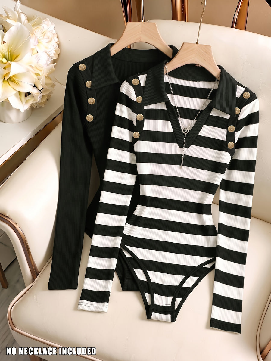 Spring/Autumn 2pcs Set, Solid Color with Contrast Stripes, V-Neck Body-Shaping Close-Fitting Jumpsuit, Elegant Lapel Bodysuit for Women, Daily Innerwear Long-Sleeve Top - Black+Black And White Stripes