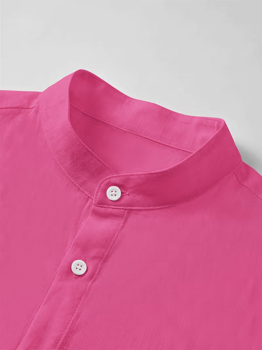 Men's New Faux Stand Collar Button-Up Shirt - Artistic, Understated, Stylish, Versatile, Relaxed Textured Trendy Loose Fit - Soft Daily Shirt Suitable for Formal and Casual Wear at the Beach, on Vacation, and in the Office - Machine Washable - Rose Red