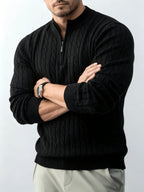 New Spring/Autumn Men's Half-Zip Stand Collar Cable Knit Long-Sleeve Sweater. The Stand Collar and Half-zip Design with Three-dimensional Cable Knitting Make It Suitable for Daily Commutes, Light Business Meetings, and Casual Gatherings - Black