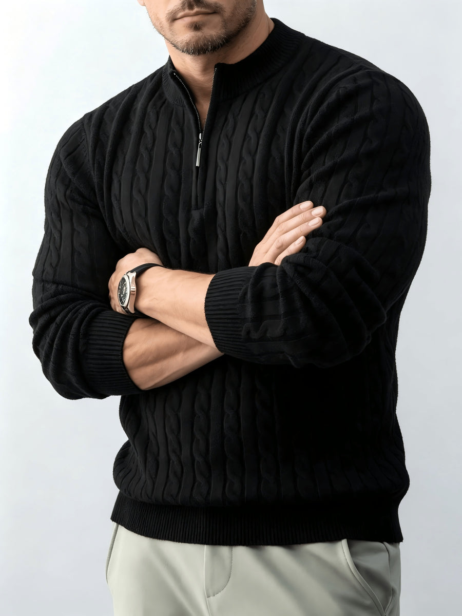New Spring/Autumn Men's Half-Zip Stand Collar Cable Knit Long-Sleeve Sweater. The Stand Collar and Half-zip Design with Three-dimensional Cable Knitting Make It Suitable for Daily Commutes, Light Business Meetings, and Casual Gatherings - Black