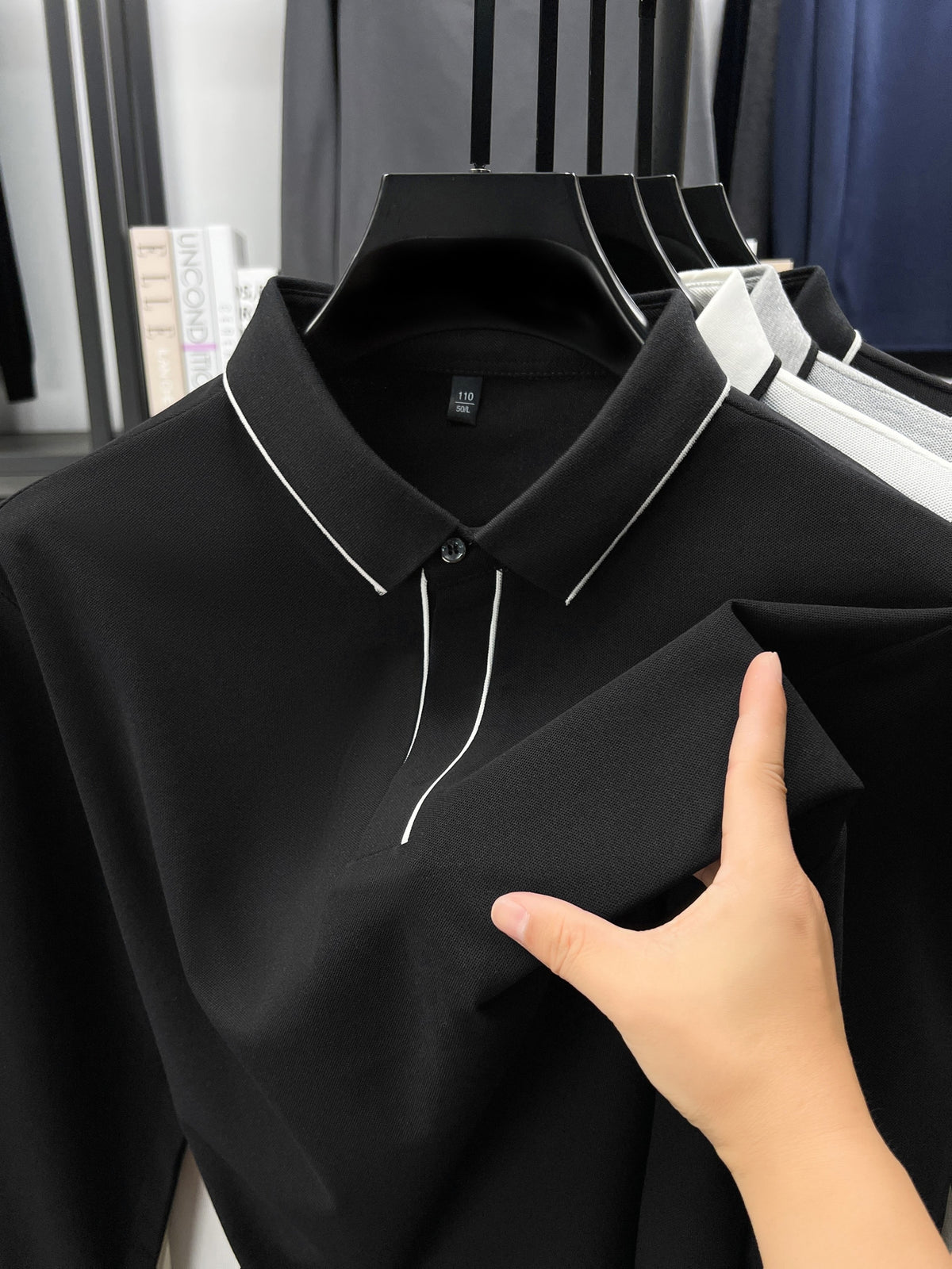 Autumn Multi-Color Selectable Men'S Contrast Edge Long Sleeve Polo Shirt, Comfortable Fabric, Easy Lapel, Delicate And Smooth, Loose Fit, Business Commute, Visiting Friends, Business Travel, Home Casual Top - Black