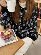 Cream-based Orange and Blue Floral Cardigan, Women's Round Neck Vintage Pastoral Style Loose Layering Top Coat - Black