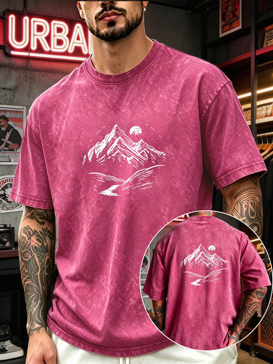 Men's Heavyweight T-Shirt Washed Distressed Fashion Print 2026 Summer New Urban High Street Hiphop Style Vintage Acid Wash Casual Gym Workout Top Pure Cotton Breathable Base Shirt - Rose Red