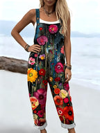 Artistic Watercolor Floral Print Overalls Loose Age-Reducing Straight Jumpsuit Casual Versatile Loose, Not Picky about Body Shape - Multicolor