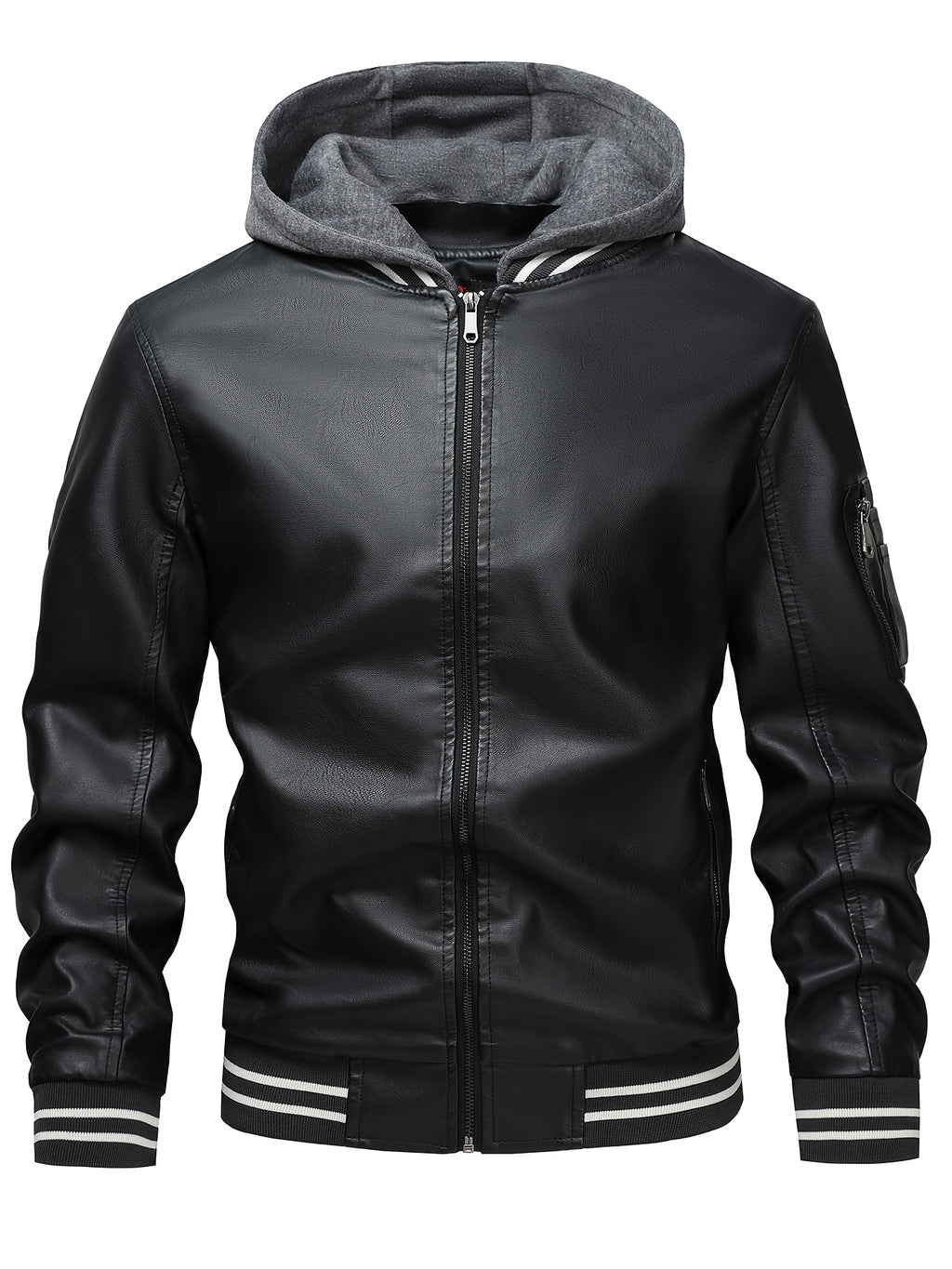 2026 New Best Choice 1pc Men'S Faux Leather Solid Color Hooded Lining Fleece Faux Leather Jacket Metal Zipper Multi-Pocket Design Casual Light Business Style Fall Slim Commute Daily Coat - Black