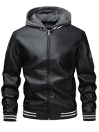 2026 New Best Choice 1pc Men'S Faux Leather Solid Color Hooded Lining Fleece Faux Leather Jacket Metal Zipper Multi-Pocket Design Casual Light Business Style Fall Slim Commute Daily Coat - Black