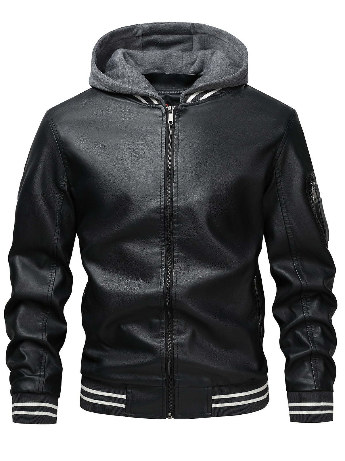 2026 New Best Choice 1pc Men'S Faux Leather Solid Color Hooded Lining Fleece Faux Leather Jacket Metal Zipper Multi-Pocket Design Casual Light Business Style Fall Slim Commute Daily Coat - Black