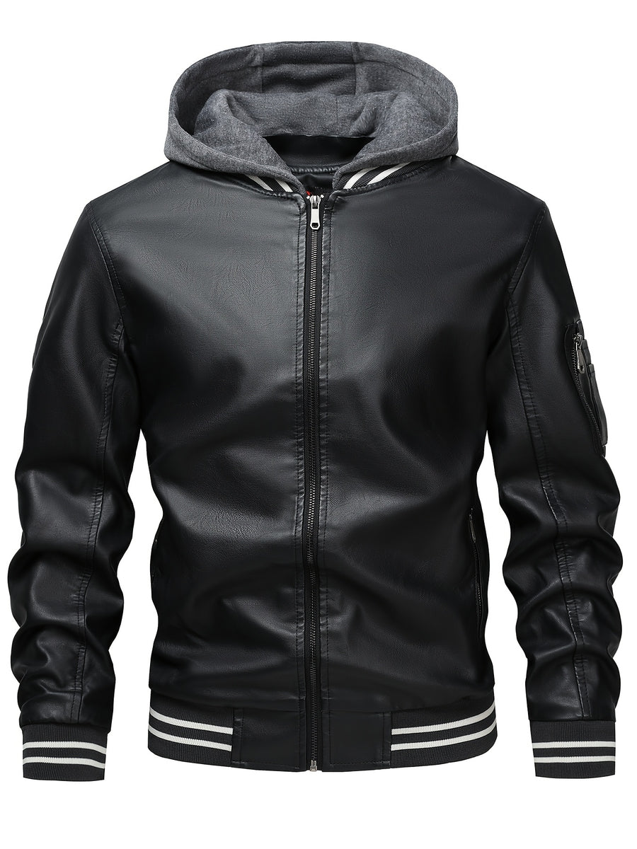 2026 New Best Choice 1pc Men'S Faux Leather Solid Color Hooded Lining Fleece Faux Leather Jacket Metal Zipper Multi-Pocket Design Casual Light Business Style Fall Slim Commute Daily Coat - Black