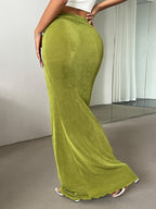 New Summer Women's Simple and Elegant Green Low-Waist Maxi Skirt, Suitable for Summer Vacations, Solid Color Mermaid Skirt, Women's Half Skirt - Green