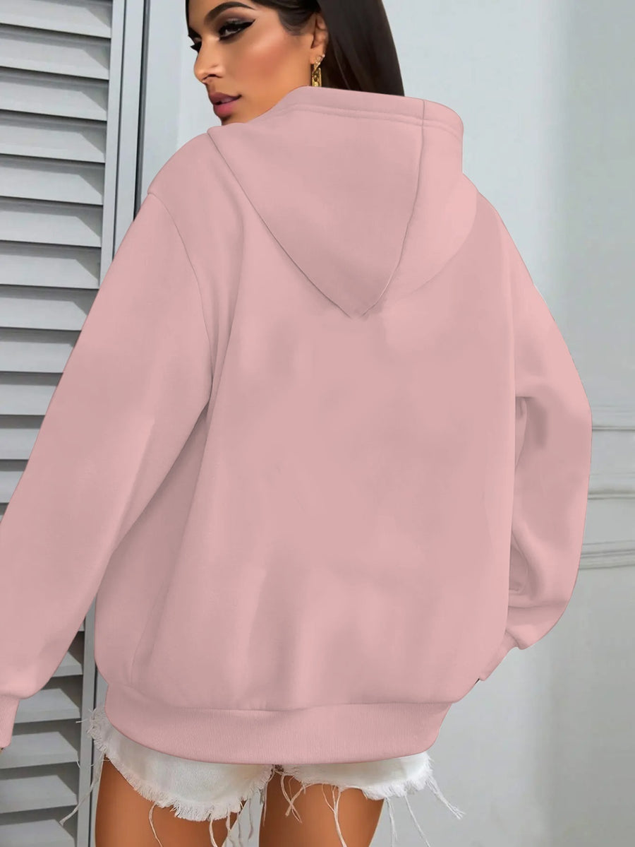 Trendy Letter Women'S Casual Hooded Sweatshirt with Front Print - Machine Washable, All-Season Versatile Pullover, Fashionable And Trendy, Durable Material, Comfortable Fabric, Printed Sweatshirt, Casual Wear, Urban Style, Fashion Enthusiast - Pale Pinkish Gray