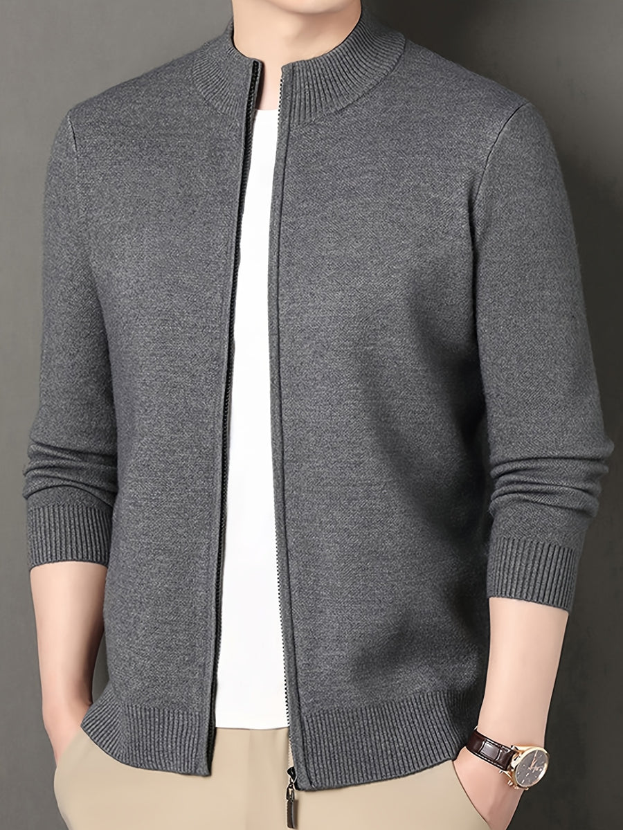 Men's Stand Collar Zipper Solid Color Knit Cardigan, Business Casual Style, Simple Solid Color, Slim Fit Not Tight, Versatile and Practical - Medium Gray