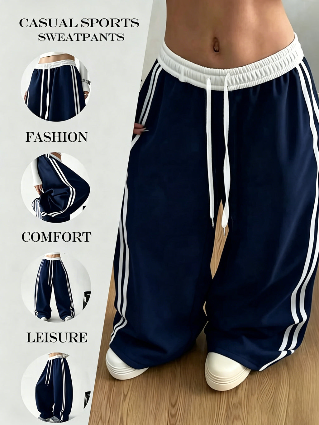 Women's casual fashionable wide-leg sports pants, suitable for yoga, fitness, and athletic wear - Navy Color