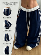 Women's casual fashionable wide-leg sports pants, suitable for yoga, fitness, and athletic wear - Navy Color