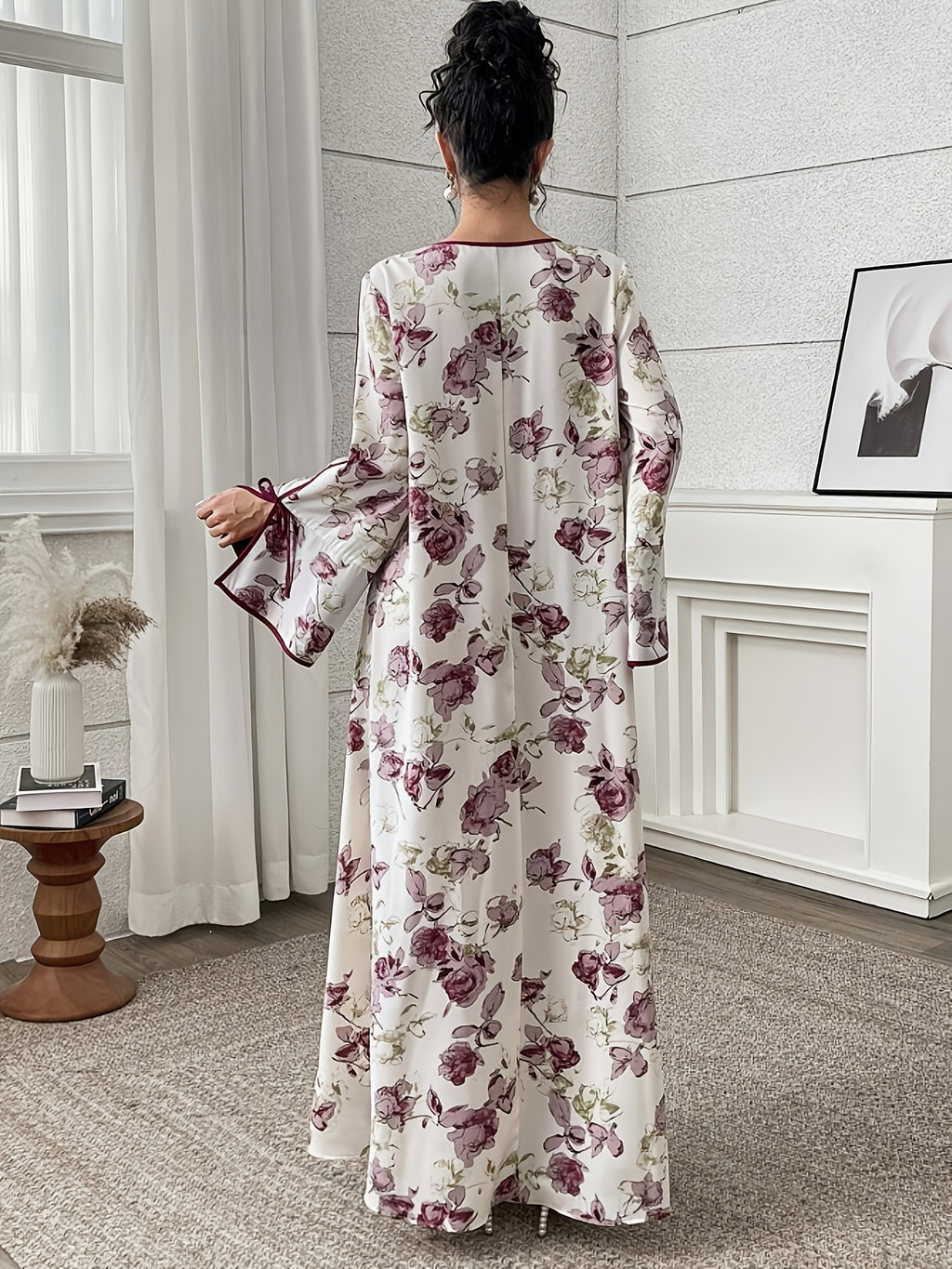Plus Size Floral Print Lace-Up Gown with Slit and Flared Sleeves - The color of rouge