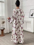 Plus Size Floral Print Lace-Up Gown with Slit and Flared Sleeves - The color of rouge