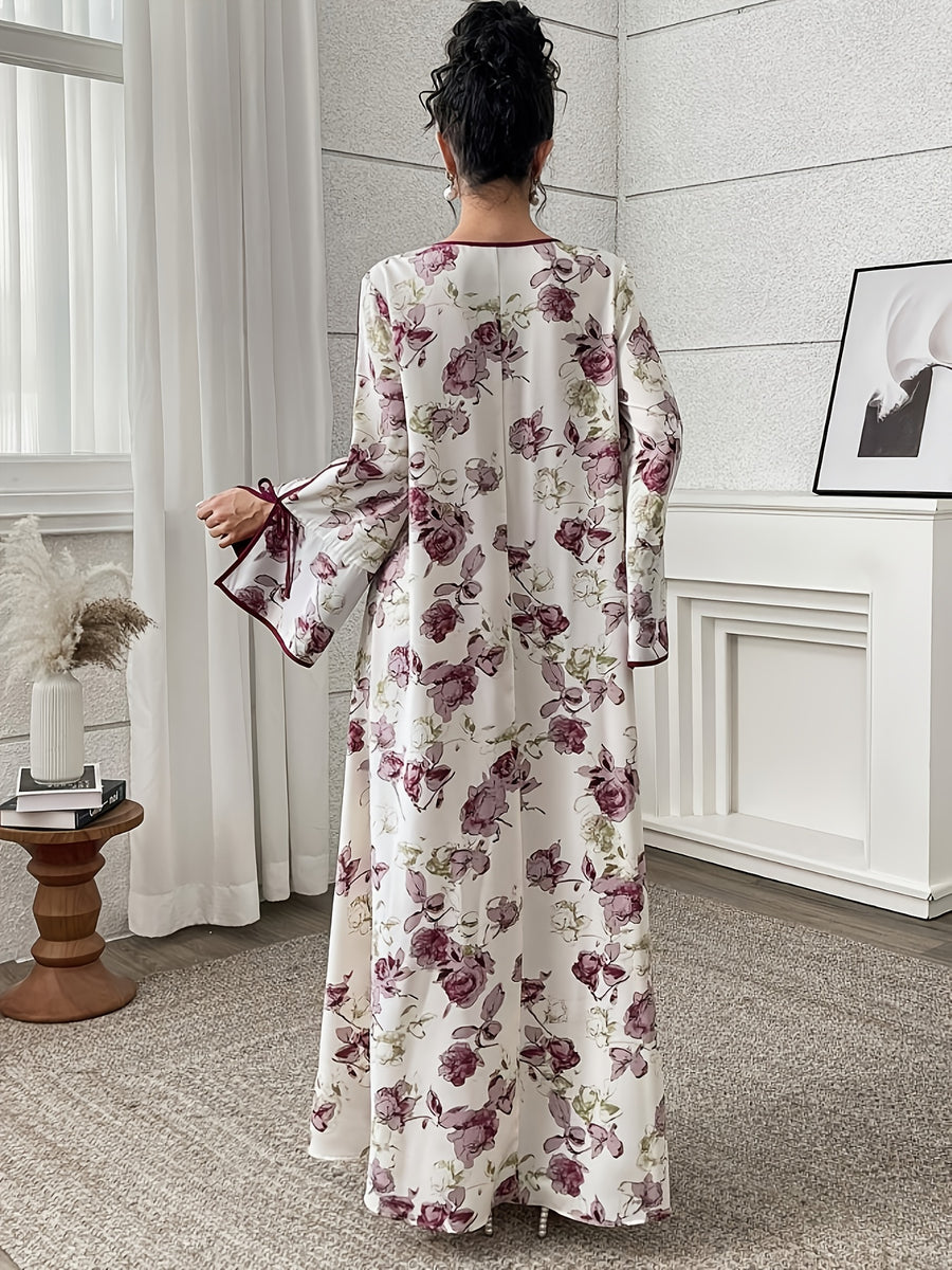 Plus Size Floral Print Lace-Up Gown with Slit and Flared Sleeves - The color of rouge