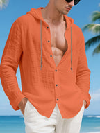 Men's Henley Shirt Linen Long Sleeve, Comfortable And Breathable Fabric, Suitable for Daily Outings, Outdoor Sports, Travel, And Vacation, Lightweight And Breathable Regular Fit, Ideal for Beach, Hiking, Evening Wear, And Casual Street Style - Orange