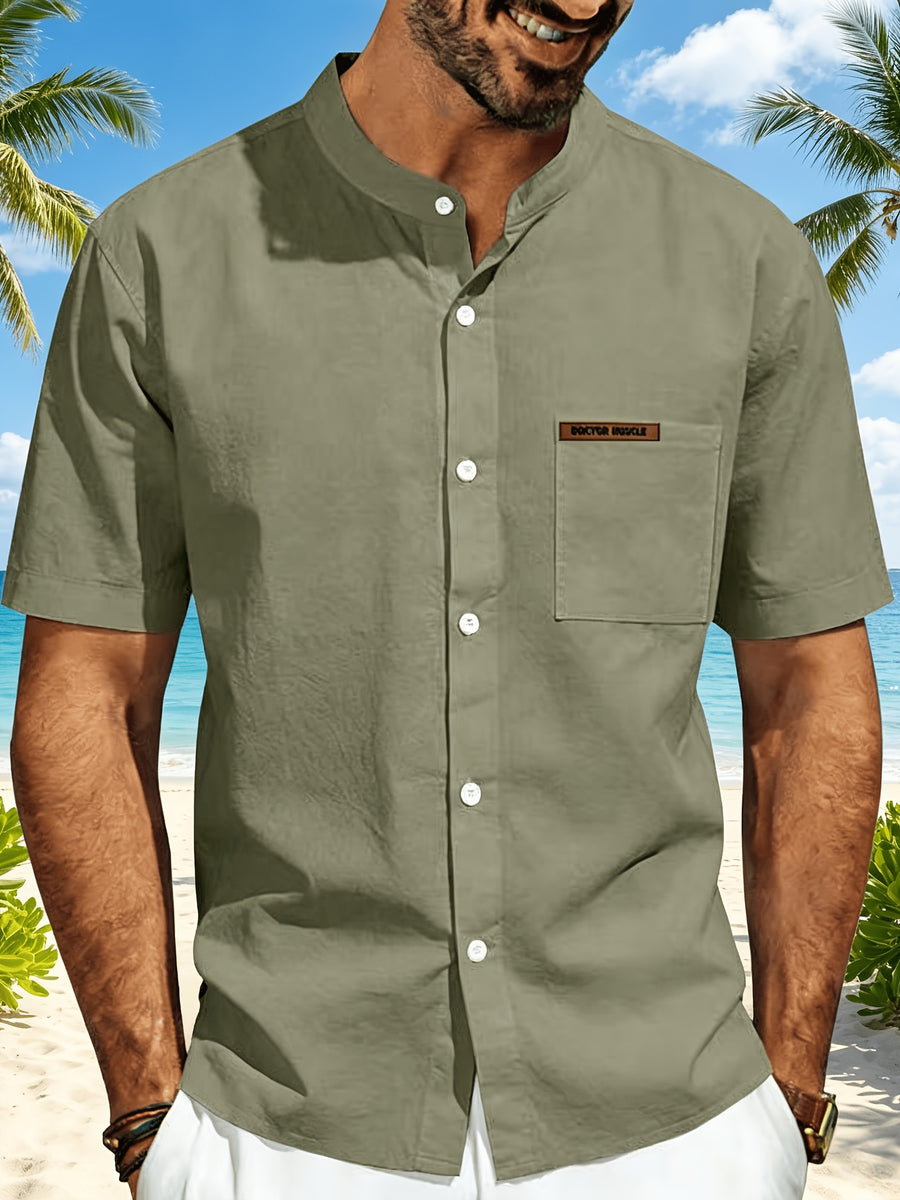 Men's Minimalist Vacation Style Stand Collar Linen Short Sleeve Shirt, 95% Linen 5% Polyester, Breathable with Label Pocket, Fashionable Beachside Pool Casual Shirt - Olive Green