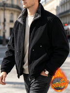 2026 New Men's Corduroy -Lined Warm Jacket, Faux Fur Design, Zipper Front, Decorative Pockets, Casual Vintage Style, Loose Autumn/Winter Outerwear, Daily Street Commuter Wear - Black