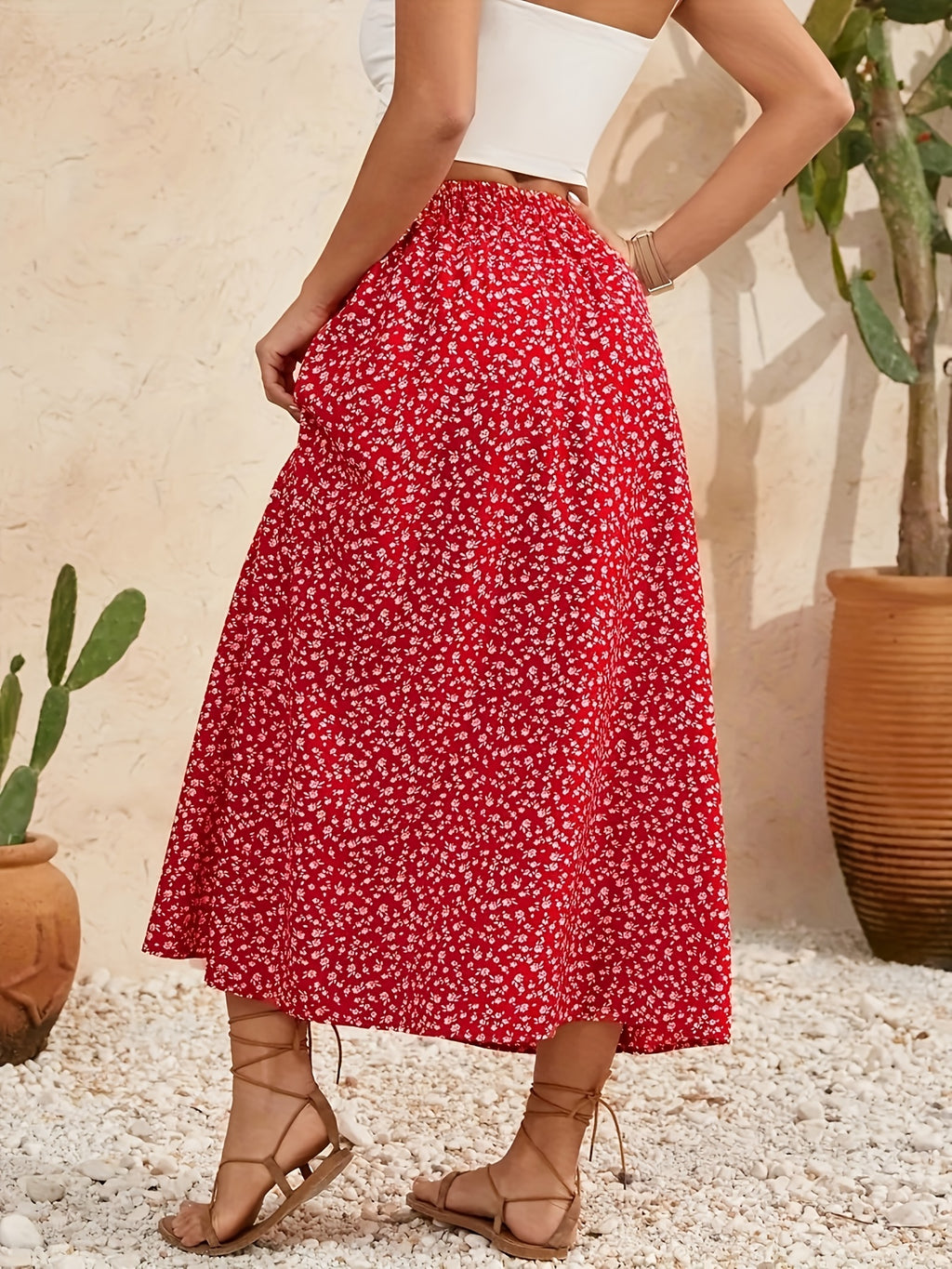 One Women's Bohemian Style Floral High-Waisted Button Slit Maxi Skirt - Red