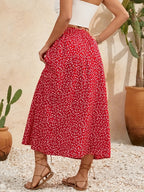 One Women's Bohemian Style Floral High-Waisted Button Slit Maxi Skirt - Red