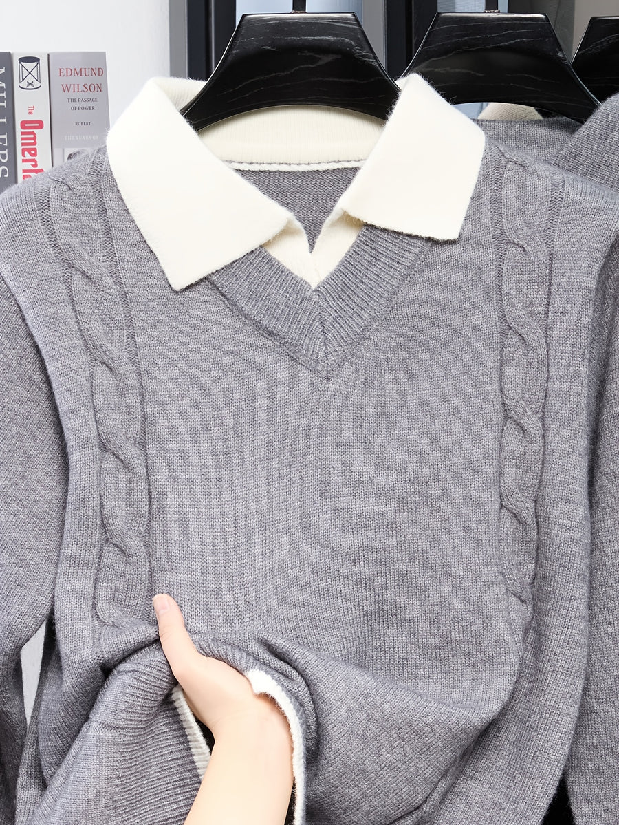 Men'S Faux Two-Piece Polo Collar Cable Knit Sweater, Slim Fit Micro Loose Style, Non-Tight, Suitable for Commute And Casual Wear - SINBOS - Grey